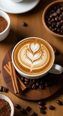 A Delicious Latte Art Coffee with Cinnamon Sticks and Roasted Beans on a Wooden Table