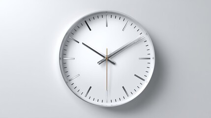 Modern white wall clock with slender hands and minimalist design on an off-white wall