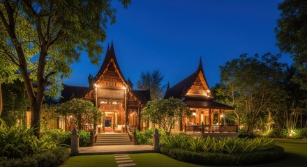 Elegant Traditional Thai Architecture Illuminated at Twilight Amidst Lush Gardens