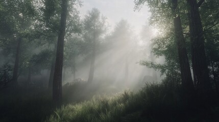 Obraz premium Ethereal forest bathed in morning mist with sunbeams filtering through the trees creating a magical and serene atmosphere