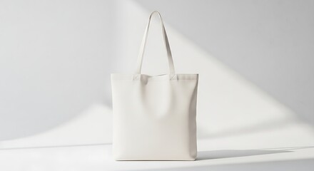 Clean minimalist style shows a blank tote bag against a white backdrop, bathed in soft, natural