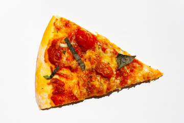 Slices of pizza on white background.