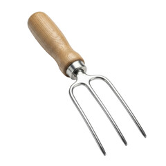 A close up view of a garden hand fork, featuring a smooth wooden handle and shiny metal tines, perfect for planting and weeding.