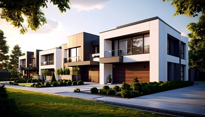 Modern row houses at sunset