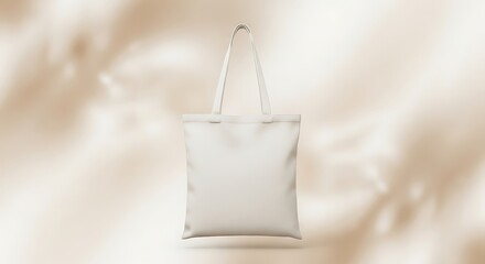 Clean, neutral tote bag mockup stands centered against blurred sepia backdrop.