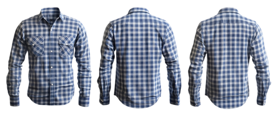 Blue Plaid Button Down Shirt For Men Isolated On Transparent Background Featuring Front Back And Side Views