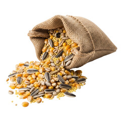 A burlap sack is tilted, spilling a rich mixture of yellow corn kernels, striped sunflower seeds, and small grains, ideal for agricultural, food, or animal feed concepts.