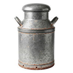 An old galvanized metal milk can with a lid and two handles, featuring a weathered and rusty surface, ideal for rustic decor or farm themed designs.