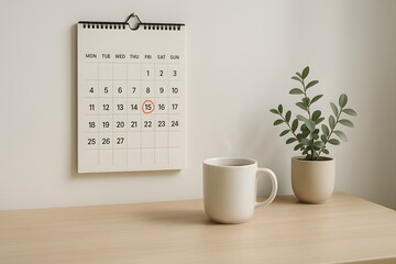 Office Desk Calendar with Plant and Mug