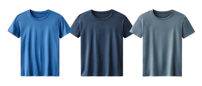 Three Blue T Shirts In Various Shades On A Transparent Background Isolated Perspective