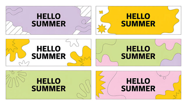 Creative and Vibrant Hello Summer Banner Collection for Seasonal Promotions and Marketing Campaigns featuring abstract shapes and pastel colors - Powered by Adobe
