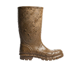 A single brown rubber boot is heavily covered in mud and water droplets, suggesting outdoor activity or wet conditions. Ideal for themes of farming, gardening, or messy adventures.
