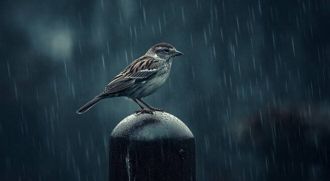 Um p&aacute;ssaro com plumagem marrom e branca pousado em um poste arredondado durante uma chuva forte, criando um clima de solid&atilde;o e reflex&atilde;o contra um fundo escuro e &uacute;mido.