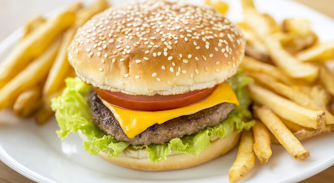 Uma visão de perto de um cheeseburger clássico com alface, tomate e queijo servido com batatas fritas crocantes em um prato branco, tudo pronto para saciar sua fome.