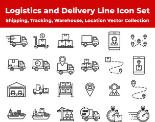 Logistics and Delivery Line Icon Set. Shipping, Tracking, Warehouse, Location Vector Collection. A complete logistics and delivery icon set in modern black line style