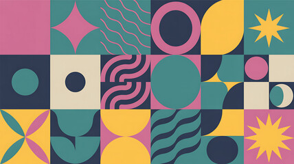 Geometric Abstract Pattern with Circles Stars and Waves in Bold Retro Colors for Graphic Design Backgrounds and Creative Projects