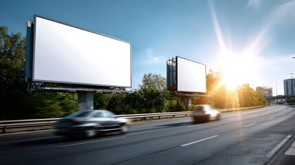 Dynamic Outdoor Billboards on Highway at Sunset