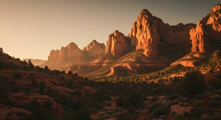 Golden hour light shining on the red rock formations of a vast desert landscape with scattered trees