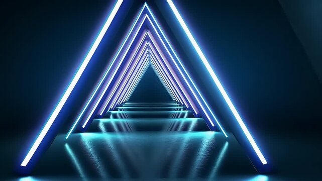Futuristic corridor with glowing blue neon lights creating a symmetrical triangular pattern - Powered by Adobe