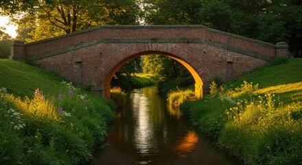 A sunlit brick arch bridge over a calm waterway, surrounded by lush greenery.  Golden sunlight illuminates the scene