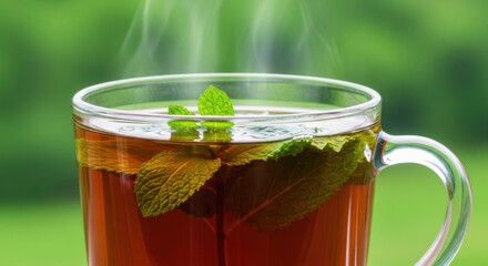 Hot Cup of Tea with Fresh Mint Leaves Steaming in the Afternoon