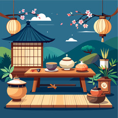 Serene illustration of a Japanese tea ceremony setting with a traditional building, lanterns, cherry blossoms, and tea utensils on a wooden table against a tranquil landscape.