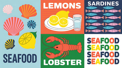 Seafood Collage with Lobster Sardines Lemons and Seashells Illustration Vibrant and Eye Catching Design for Culinary Arts and Recipe Inspiration