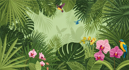 Lush Tropical Paradise: Birds, Orchids & Exotic Leaves