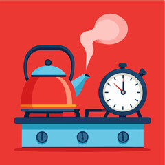 Cartoon illustration of a red teapot steaming on a blue stove next to an alarm clock against a red background, representing the concept of breakfast time or tea time.