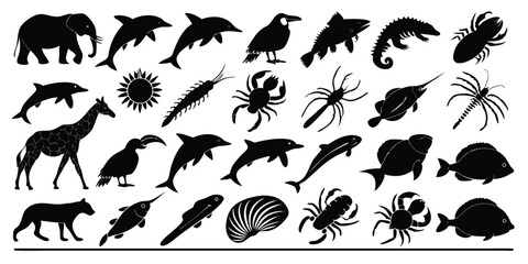 A collection of black silhouette animal illustrations including mammals birds fish reptiles and various marine creatures.