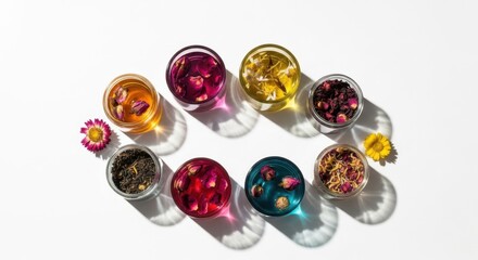 Vibrant Herbal Infusions Presented Beautifully in Clear Glass Cups Offering a Spectrum of Colors and Natural Ingredients