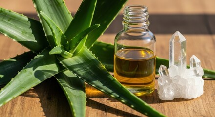 Natural healing power of aloe vera plant and its essential oil with crystal for wellness and organic skincare