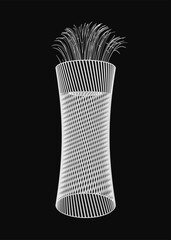 A black and white illustration of a decorative vase filled with grass, centered on a dark background. The contour-style drawing highlights the simplicity of the design. The grass extends upward.
