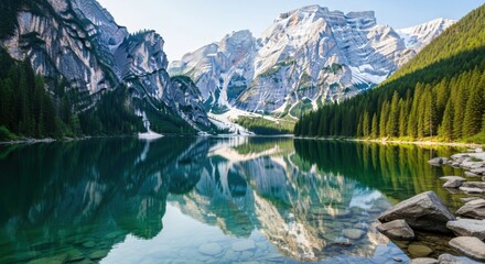 Serene Mountain Lake Reflecting Majestic Peaks and Lush Green Forest on a Sunny Day