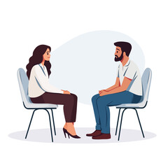 Obraz premium Woman psychologist. Couple flat man woman sitting on chairs. Psychotherapy session or psychological consultation. Sad frustrated guy vector. Psychologist woman, psychiatrist and patient illustration