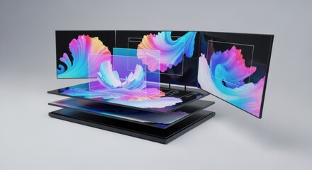 Abstract Digital Art Layers With Vibrant Colorful Swirls On Multiple Screens
