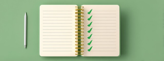 Planner book with goals and green checkmarks, Financial independence