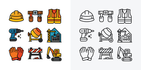 Line art with flat construction worker icons with tools and safety equipment