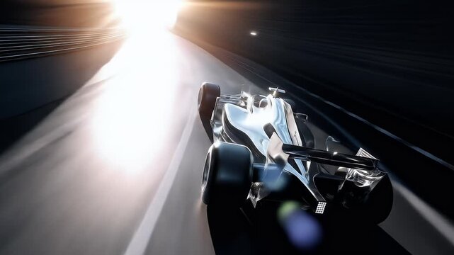 Sleek black race formula car drifting on neon-lit urban racetrack