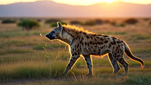 A hyena walking through a golden grassland at sunset, with mountains in the background
