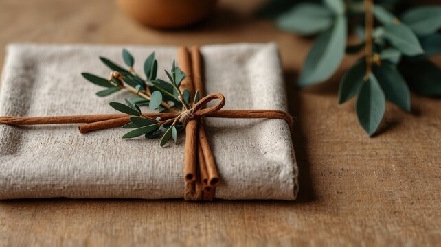 Artistic presentation: a gift wrapped in neutral linen, decorated with cinnamon sticks and greenery.