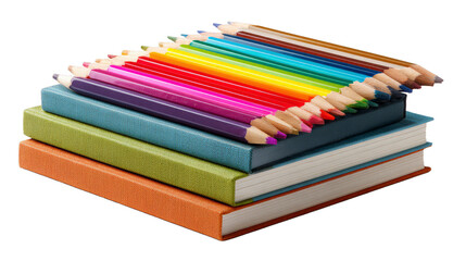 Crayon or colored pencils in box laying on a stack of books Knowledge and education concept on white background