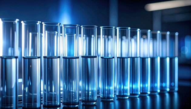 Rows of test tubes filled with liquid, illuminated by a blue light source