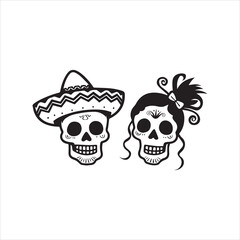 Traditional Skull Characters with Sombrero and Hair Bun,Simple Black and White Dia de los Muertos Skull Design,Male and Female Sugar Skull Icons in Mexican Style,Flat Vector Skull Couple for Cultural 