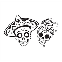 Traditional Skull Characters with Sombrero and Hair Bun,Simple Black and White Dia de los Muertos Skull Design,Male and Female Sugar Skull Icons in Mexican Style,Flat Vector Skull Couple for Cultural 