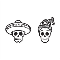 Traditional Skull Characters with Sombrero and Hair Bun,Simple Black and White Dia de los Muertos Skull Design,Male and Female Sugar Skull Icons in Mexican Style,Flat Vector Skull Couple for Cultural 