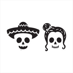 Traditional Skull Characters with Sombrero and Hair Bun,Simple Black and White Dia de los Muertos Skull Design,Male and Female Sugar Skull Icons in Mexican Style,Flat Vector Skull Couple for Cultural 