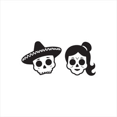 Traditional Skull Characters with Sombrero and Hair Bun,Simple Black and White Dia de los Muertos Skull Design,Male and Female Sugar Skull Icons in Mexican Style,Flat Vector Skull Couple for Cultural 