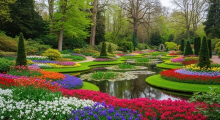 Vibrant Spring Garden With Colorful Flowers and Reflecting Pond