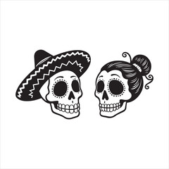Traditional Skull Characters with Sombrero and Hair Bun,Simple Black and White Dia de los Muertos Skull Design,Male and Female Sugar Skull Icons in Mexican Style,Flat Vector Skull Couple for Cultural 